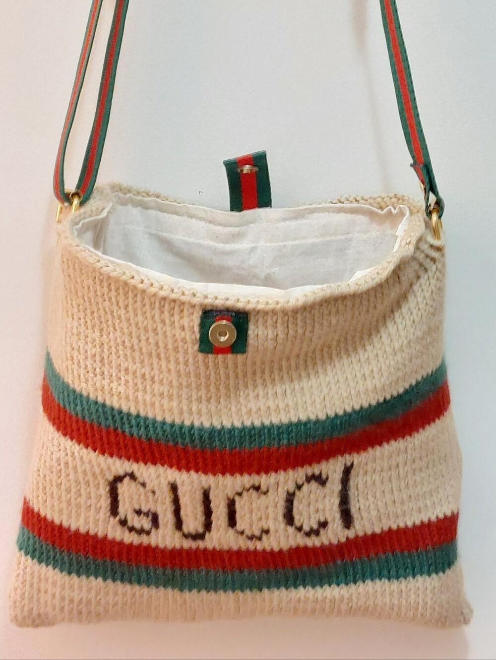 NEW  Beige Knit Crossbody Bag With Green-Red Stripes On  Front/Back